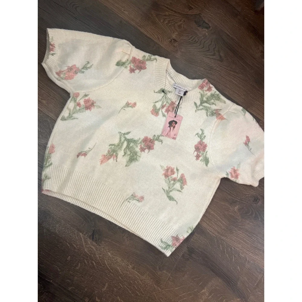Sincerely Jules Floral Short Sleeve Knit Sweater‎ Cream Pink Green Large NEW!